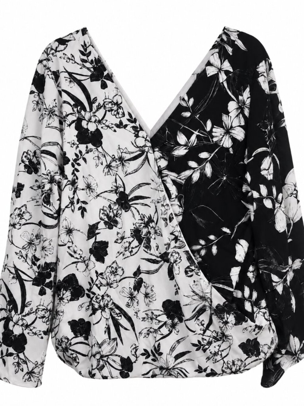 Thalia Sodi Womens XL Black White Floral Surplice V Neck Long Sleeve Blouse